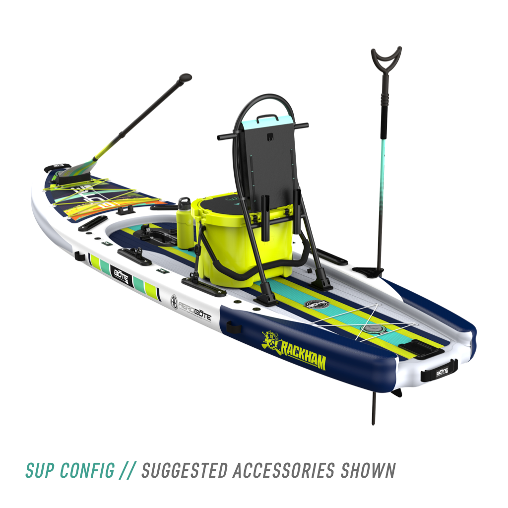 Rear angled view of the Rackham Aero 12′4″ Native Arches Inflatable Paddle Board with tackle rac, KULA 10 cooler, paddle, and more accessories