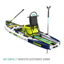Rear angled view of the Rackham Aero 12′4″ Native Arches Inflatable Paddle Board with tackle rac, KULA 10 cooler, paddle, and more accessories