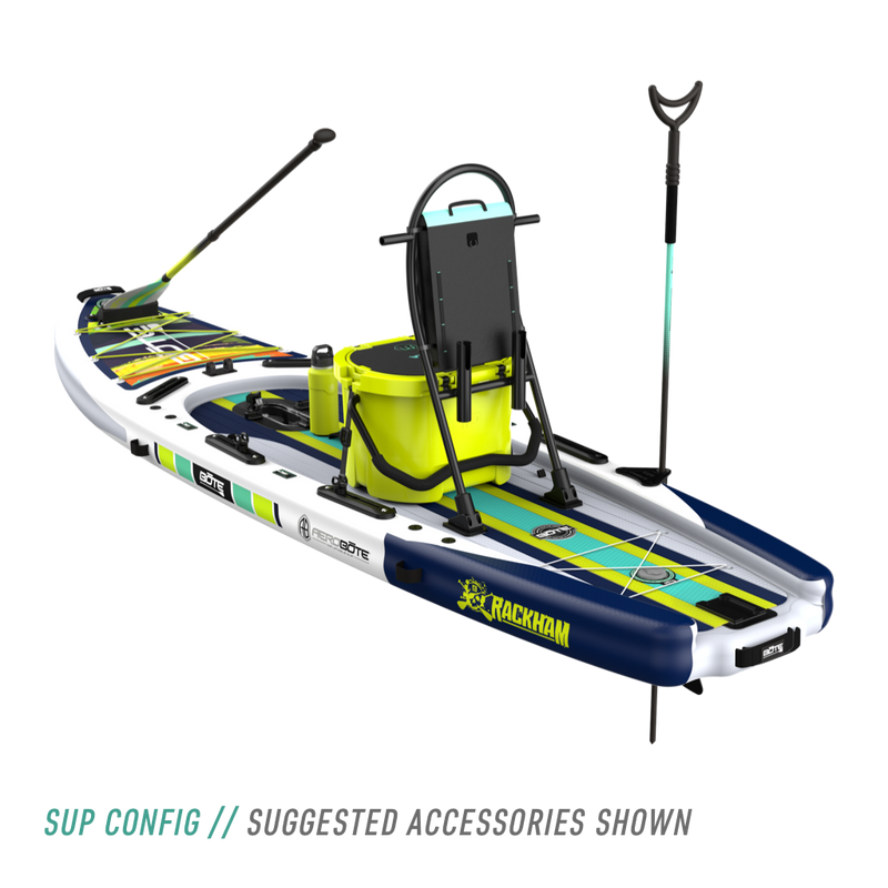 Rear angled view of the Rackham Aero 12′4″ Native Arches Inflatable Paddle Board with tackle rac, KULA 10 cooler, paddle, and more accessories