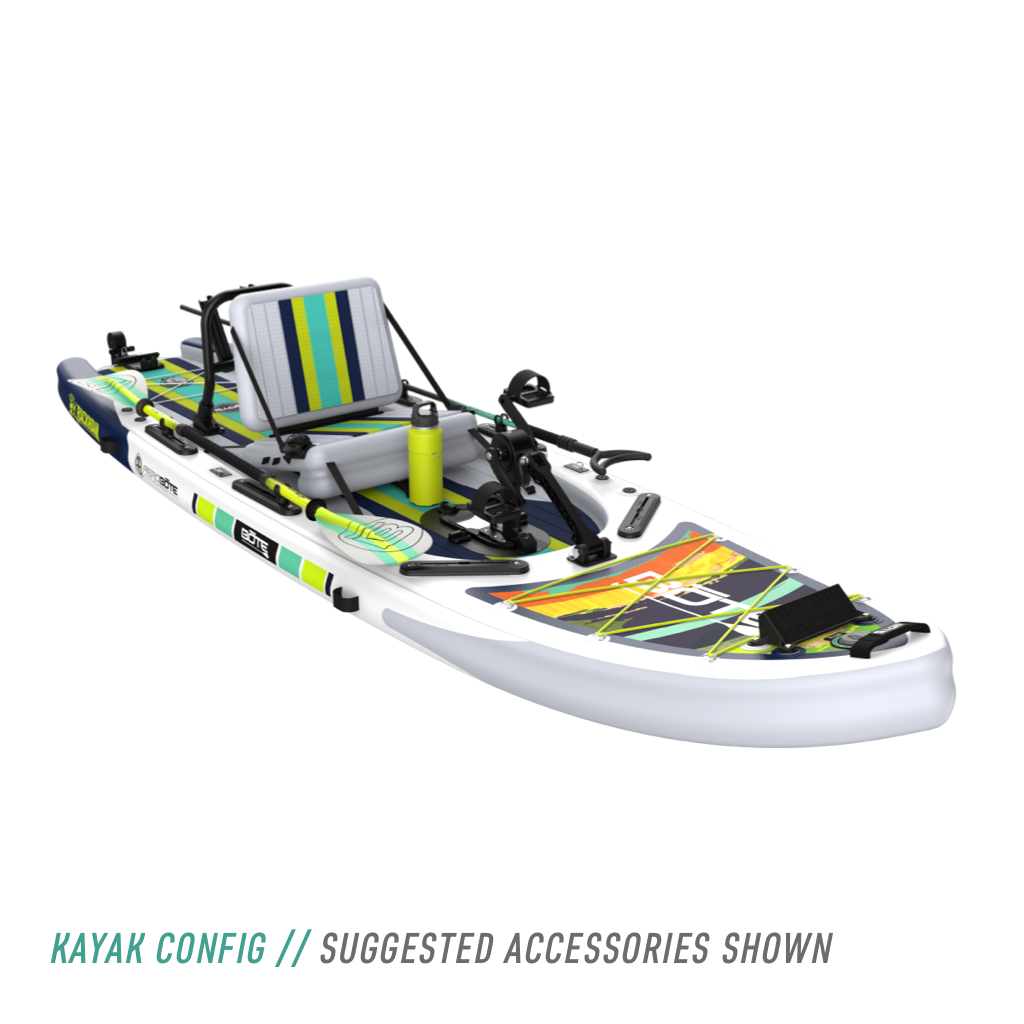 Front angled view of the Rackham Aero 12′4″ Native Arches Inflatable Paddle Board in kayak configuration with mini rocket rac, pedal drive, paddle, and more accessories