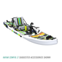 Front angled view of the Rackham Aero 12′4″ Native Arches Inflatable Paddle Board in kayak configuration with mini rocket rac, pedal drive, paddle, and more accessories