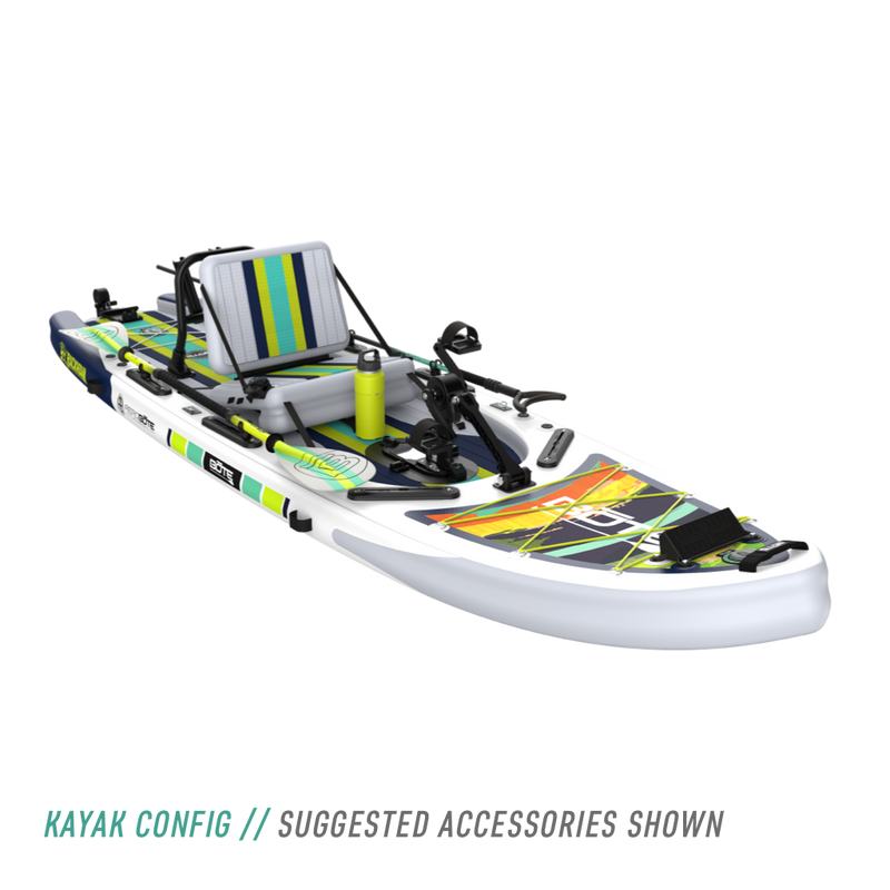 Front angled view of the Rackham Aero 12′4″ Native Arches Inflatable Paddle Board in kayak configuration with mini rocket rac, pedal drive, paddle, and more accessories