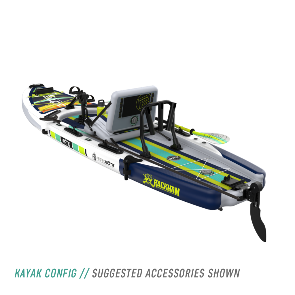 Rear angled view of the Rackham Aero 12′4″ Native Arches Inflatable Paddle Board in kayak configuration with mini rocket rac, pedal drive, paddle, and more accessories