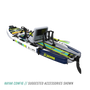 Rear angled view of the Rackham Aero 12′4″ Native Arches Inflatable Paddle Board in kayak configuration with mini rocket rac, pedal drive, paddle, and more accessories