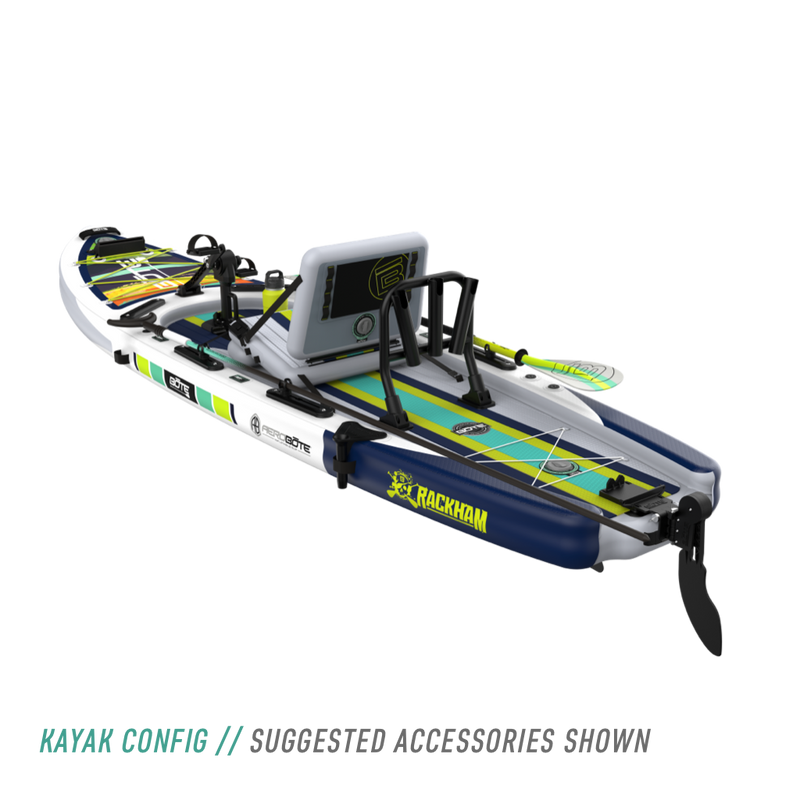Rear angled view of the Rackham Aero 12′4″ Native Arches Inflatable Paddle Board in kayak configuration with mini rocket rac, pedal drive, paddle, and more accessories