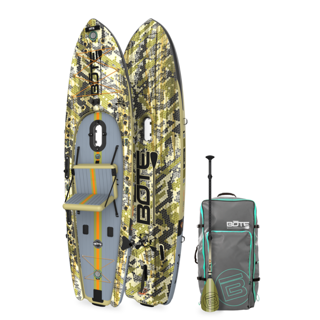 Angled view of the Rackham Aero 12′4″ Verge Camo Inflatable Paddle Board with travel bag and paddle