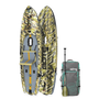 Angled view of the Rackham Aero 12′4″ Verge Camo Inflatable Paddle Board with travel bag and paddle