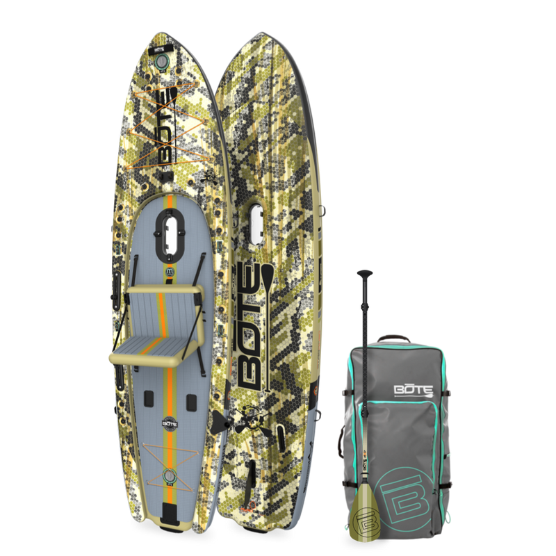 Angled view of the Rackham Aero 12′4″ Verge Camo Inflatable Paddle Board with travel bag and paddle