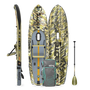Top, side, and bottom view of the Rackham Aero 12′4″ Verge Camo Inflatable Paddle Board with travel bag and paddle