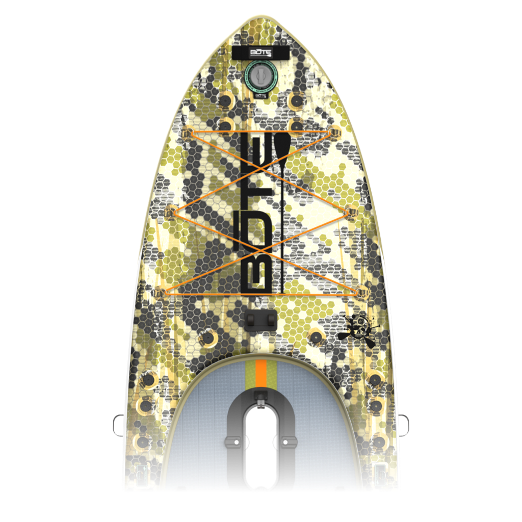 Zoomed in view of the Rackham Aero 12′4″ Verge Camo Inflatable Paddle Board nose area