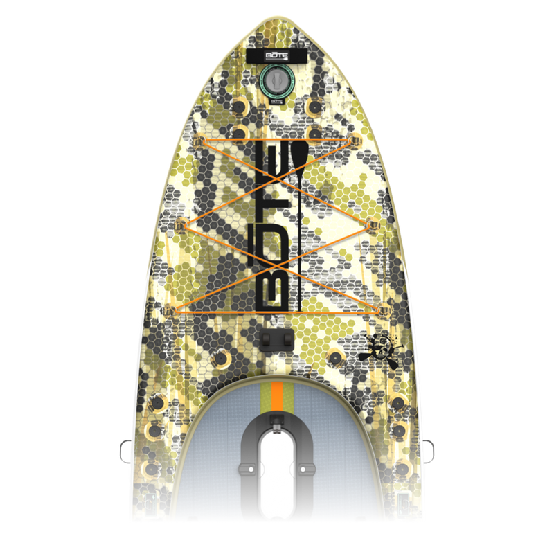 Zoomed in view of the Rackham Aero 12′4″ Verge Camo Inflatable Paddle Board nose area
