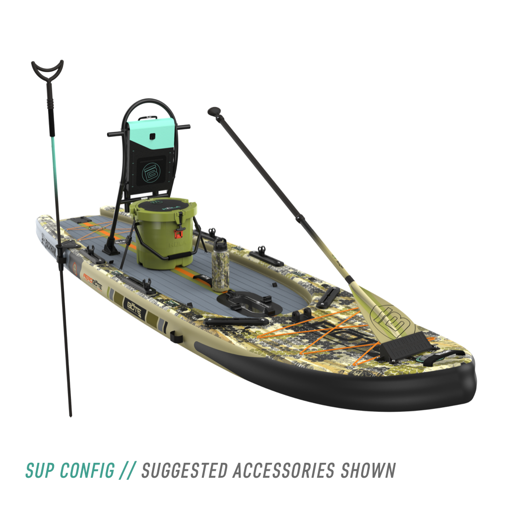 Front view of the Rackham Aero 12′4″ Verge Camo Inflatable Paddle Board in sup configuration with tackle rac, KULA 5 cooler, bottle, paddle, and more accessories