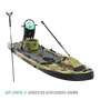 Front view of the Rackham Aero 12′4″ Verge Camo Inflatable Paddle Board in sup configuration with tackle rac, KULA 5 cooler, bottle, paddle, and more accessories