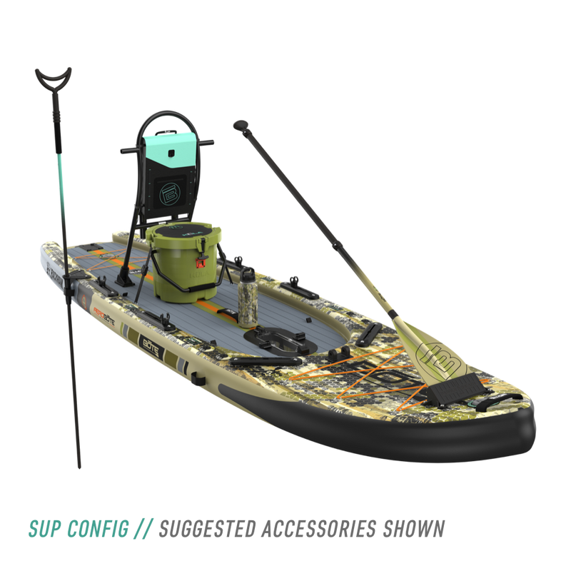 Front view of the Rackham Aero 12′4″ Verge Camo Inflatable Paddle Board in sup configuration with tackle rac, KULA 5 cooler, bottle, paddle, and more accessories