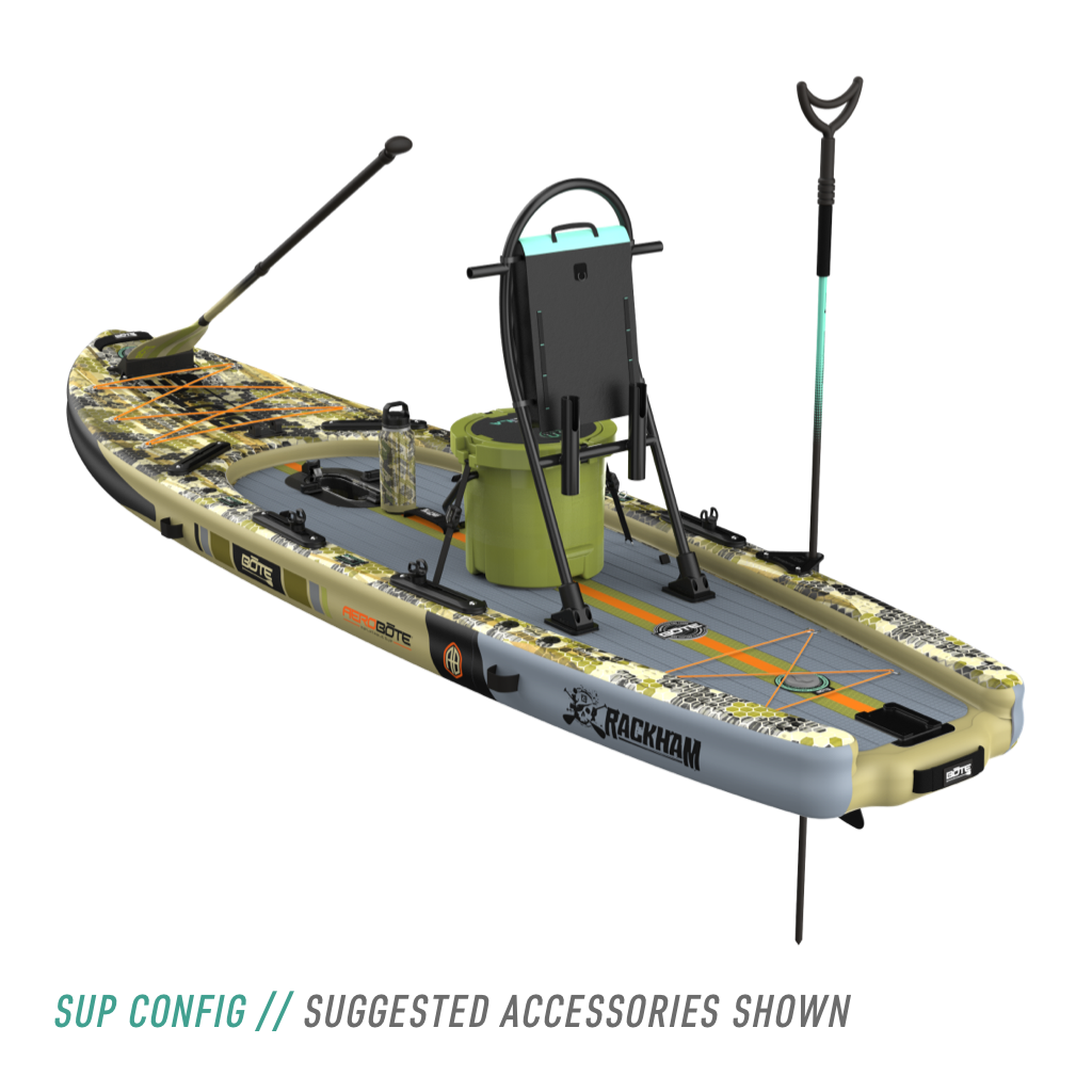 Rear view of the Rackham Aero 12′4″ Verge Camo Inflatable Paddle Board with tackle rac, KULA 5 cooler, bottle, paddle, and more accessories