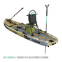 Rear view of the Rackham Aero 12′4″ Verge Camo Inflatable Paddle Board with tackle rac, KULA 5 cooler, bottle, paddle, and more accessories