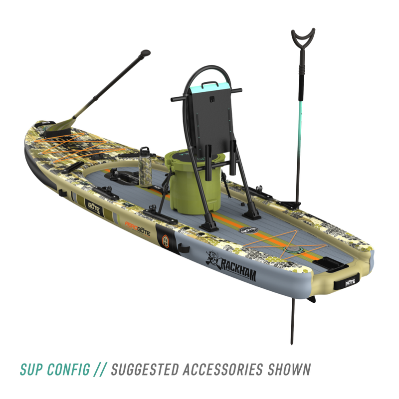 Rear view of the Rackham Aero 12′4″ Verge Camo Inflatable Paddle Board with tackle rac, KULA 5 cooler, bottle, paddle, and more accessories