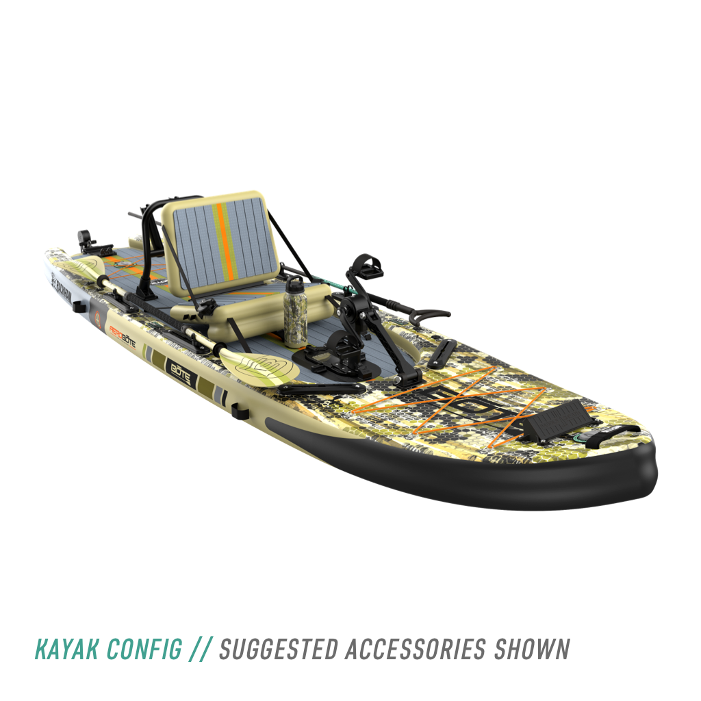 Front view of the Rackham Aero 12′4″ Verge Camo Inflatable Paddle Board in kayak configuration with pedal drive, bottle, paddle, and more accessories