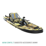 Front view of the Rackham Aero 12′4″ Verge Camo Inflatable Paddle Board in kayak configuration with pedal drive, bottle, paddle, and more accessories