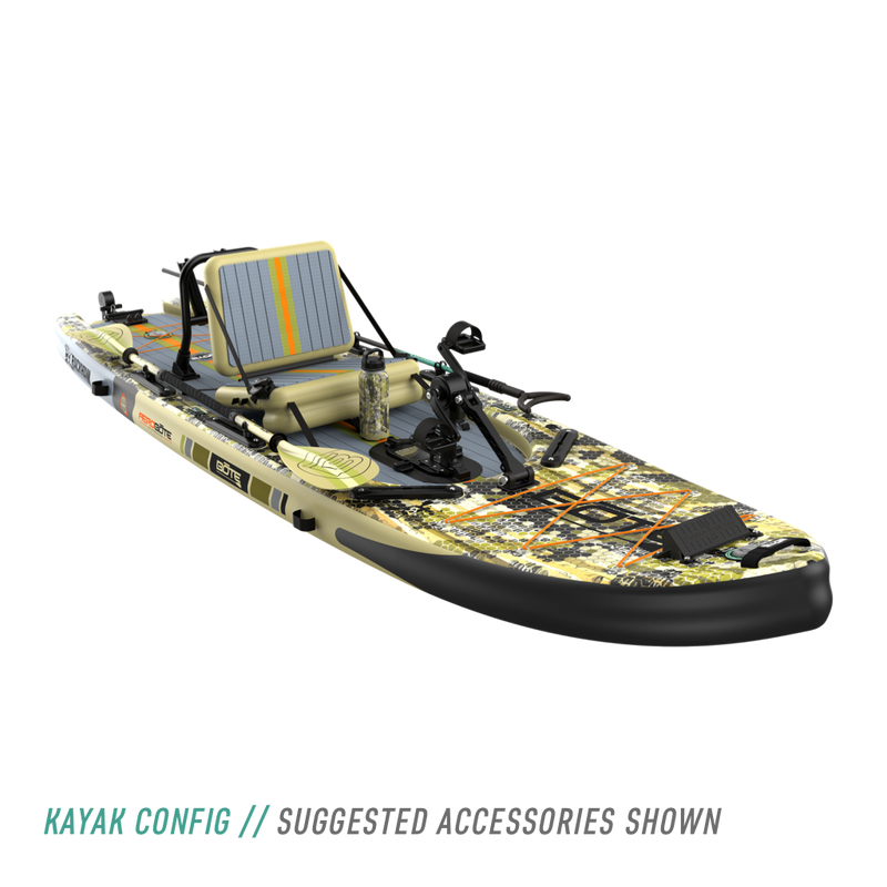 Front view of the Rackham Aero 12′4″ Verge Camo Inflatable Paddle Board in kayak configuration with pedal drive, bottle, paddle, and more accessories