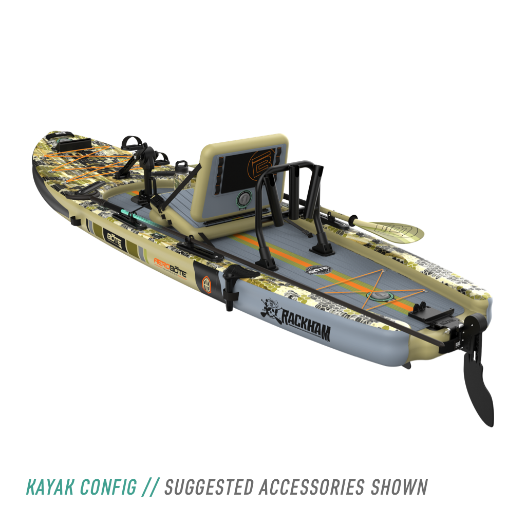 Rear view of the Rackham Aero 12′4″ Verge Camo Inflatable Paddle Board in kayak configuration with pedal drive, bottle, paddle, and more accessories