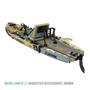 Rear view of the Rackham Aero 12′4″ Verge Camo Inflatable Paddle Board in kayak configuration with pedal drive, bottle, paddle, and more accessories