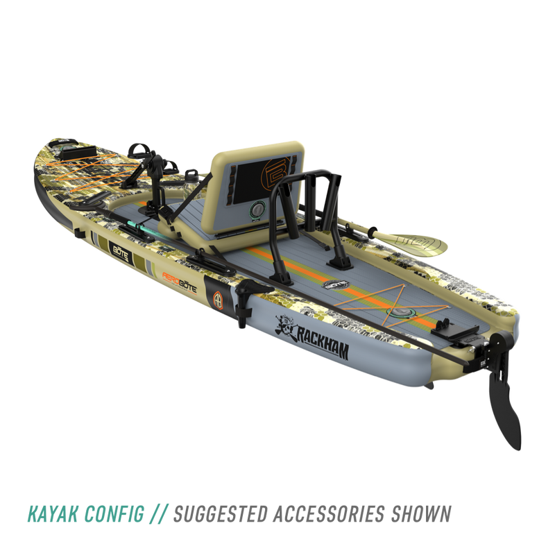 Rear view of the Rackham Aero 12′4″ Verge Camo Inflatable Paddle Board in kayak configuration with pedal drive, bottle, paddle, and more accessories