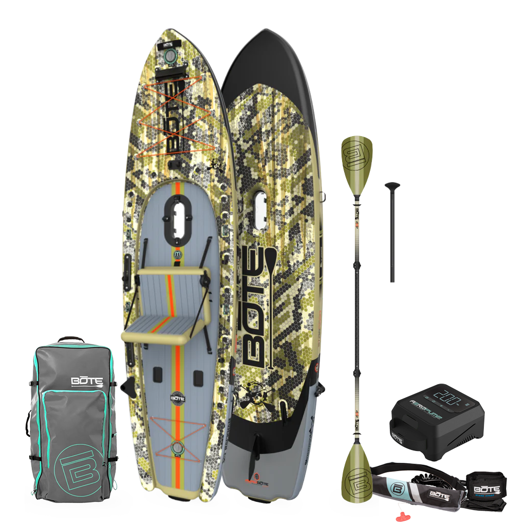 Top and bottom angled view of the Rackham Aero 12′4″ Verge Camo Inflatable Paddle Board Package