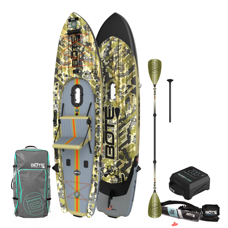 Top and bottom angled view of the Rackham Aero 12′4″ Verge Camo Inflatable Paddle Board Package