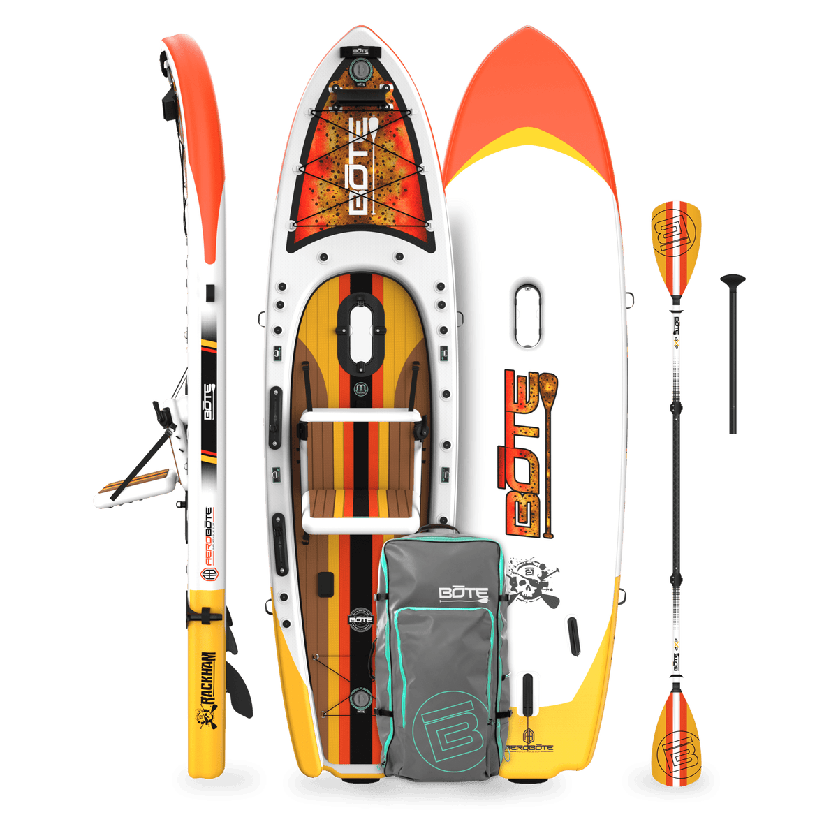 Top, side, and bottom view of the Rackham Aero 12′4″ Fischer Cutthroat Apex Inflatable Paddle Board with paddle and bag