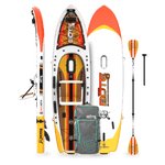 Top, side, and bottom view of the Rackham Aero 12′4″ Fischer Cutthroat Apex Inflatable Paddle Board with paddle and bag