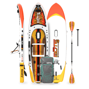 Top, side, and bottom view of the Rackham Aero 12′4″ Fischer Cutthroat Apex Inflatable Paddle Board with paddle and bag