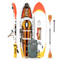 Top, side, and bottom view of the Rackham Aero 12′4″ Fischer Cutthroat Apex Inflatable Paddle Board with paddle and bag