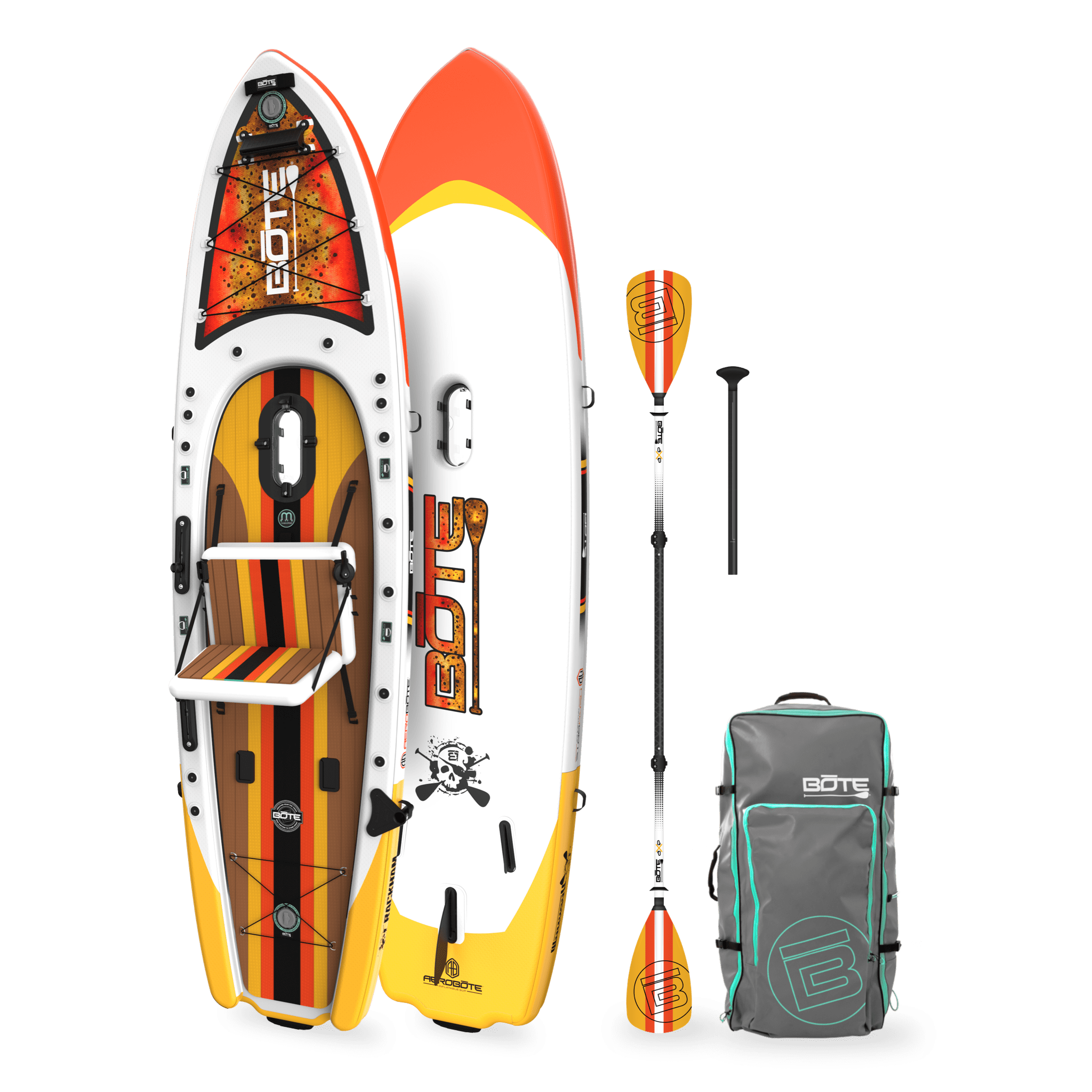 Top and bottom angled view of the Rackham Aero 12′4″ Fischer Cutthroat Apex Inflatable Paddle Board with paddle and bag