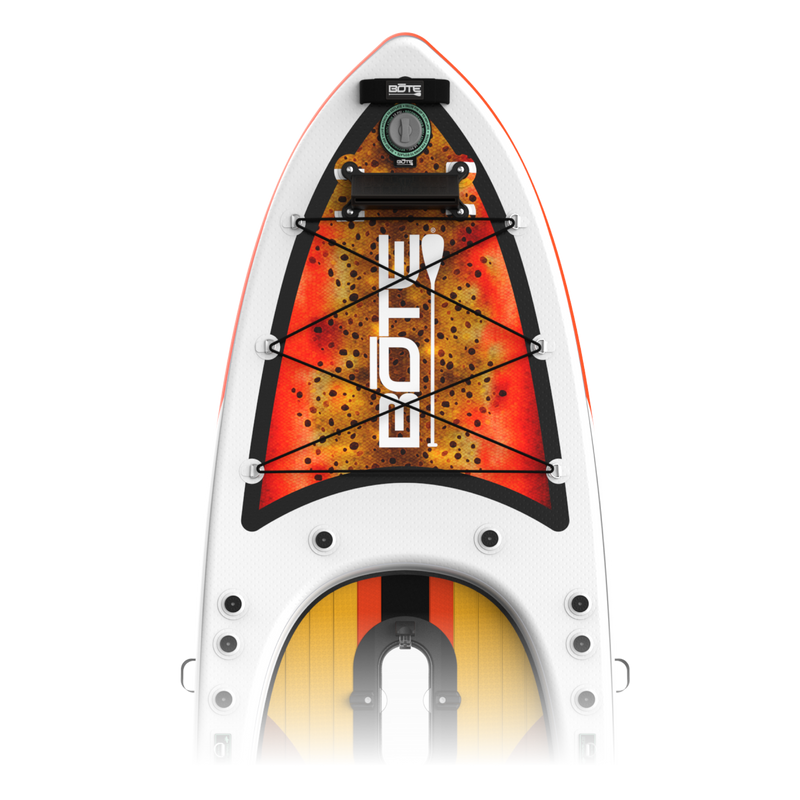Zoomed in view of the nose area of the Rackham Aero 12′4″ Fischer Cutthroat Apex Inflatable Paddle Board