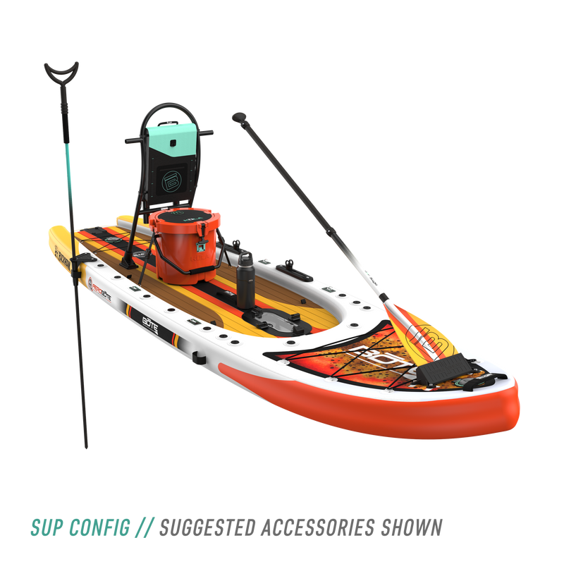 Front angled view of the Rackham Aero 12′4″ Fischer Cutthroat Apex Inflatable Paddle Board SUP configuration with suggested accessories