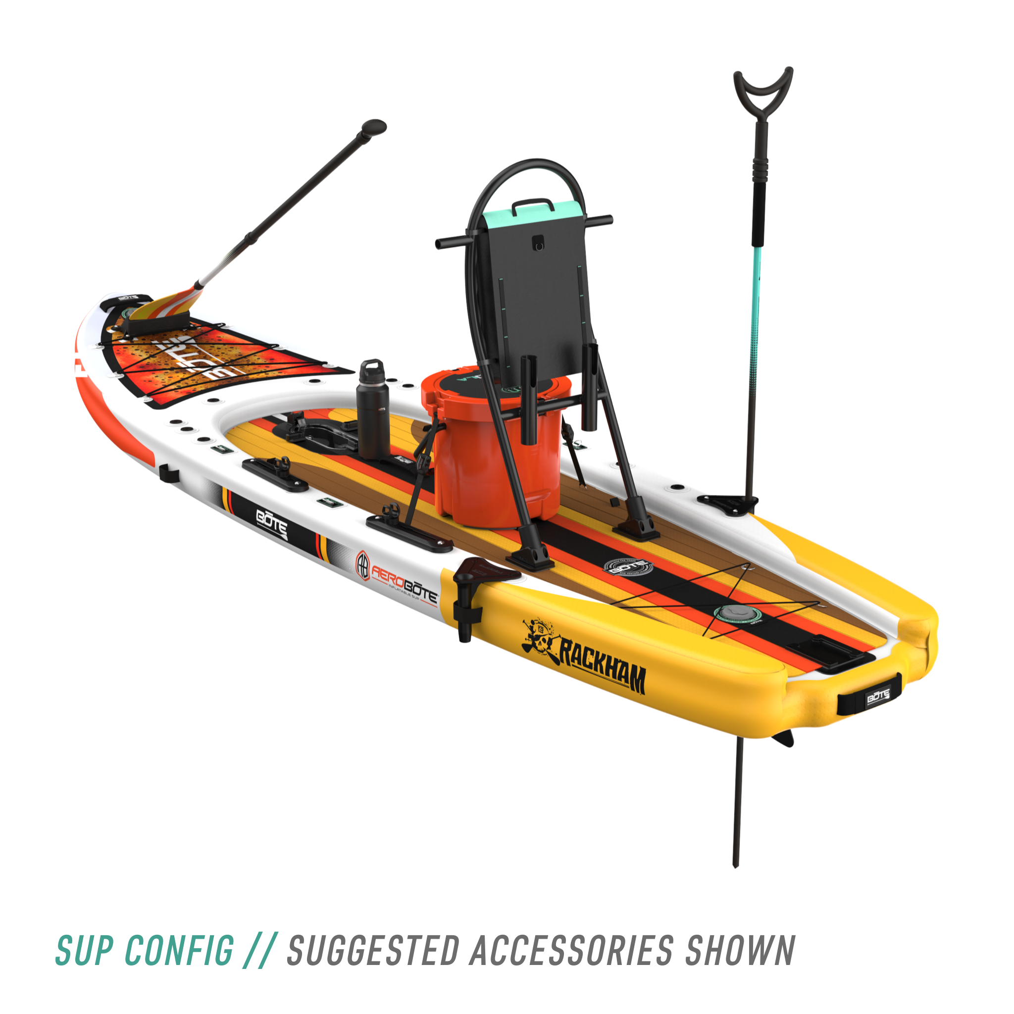 Rear angled view of the Rackham Aero 12′4″ Fischer Cutthroat Apex Inflatable Paddle Board SUP configuration with suggested accessories