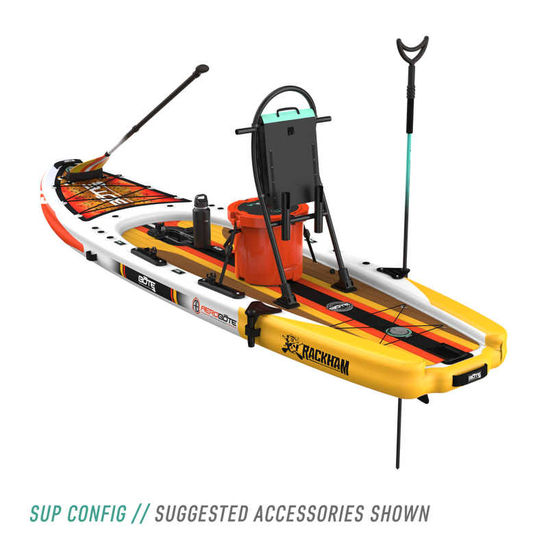 Rear angled view of the Rackham Aero 12′4″ Fischer Cutthroat Apex Inflatable Paddle Board SUP configuration with suggested accessories