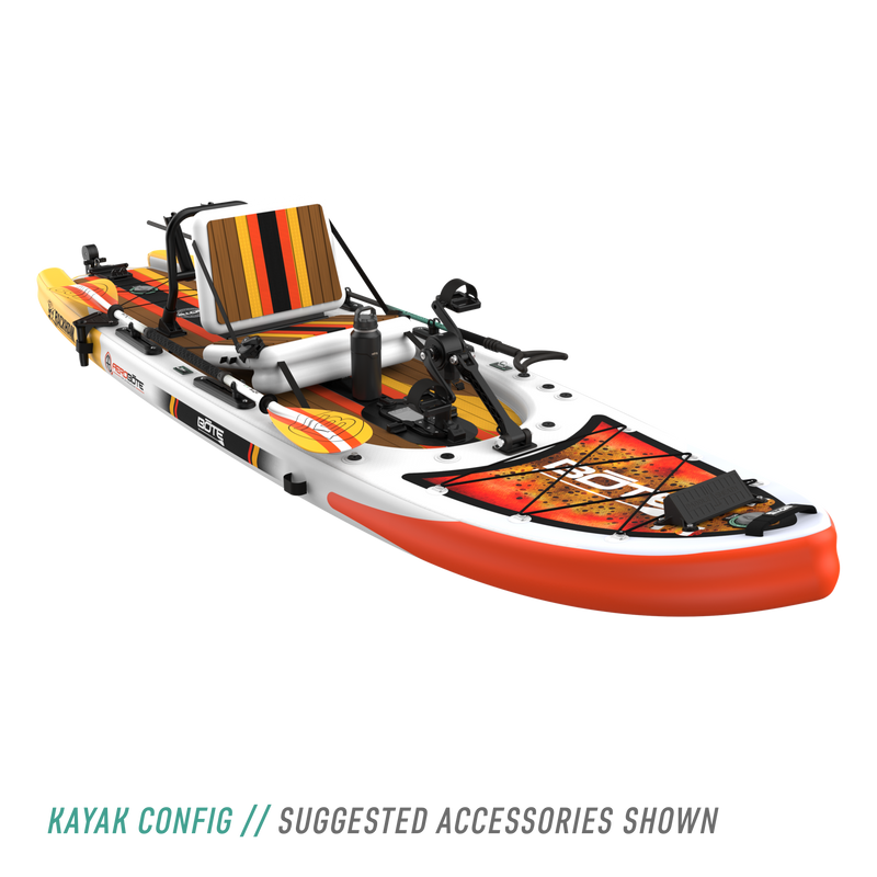 Front angled view of the Rackham Aero 12′4″ Fischer Cutthroat Apex Inflatable Paddle Board kayak configuration with suggested accessories