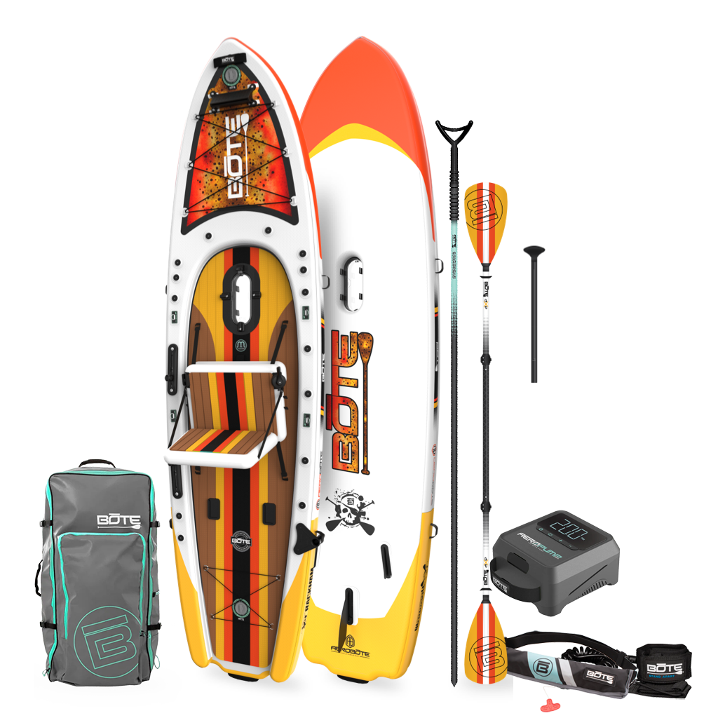 Top and bottom view of Rackham Aero in Fisher Cutthroat shown with carry bag and accessories.
