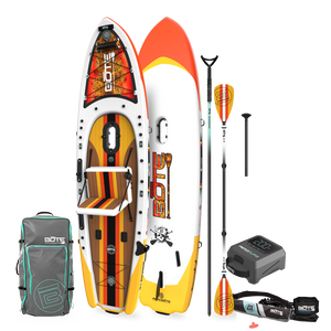 Top and bottom view of Rackham Aero in Fisher Cutthroat shown with carry bag and accessories.