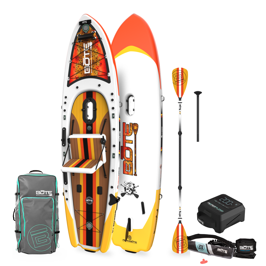 Top and bottom angled view of the. Rackham Aero 12′4″ Fischer Cutthroat APEX Inflatable Paddle Board Package