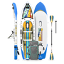 Top, side, and bottom view of the Rackham Aero 12′4″ Native Fusion Apex Inflatable Paddle Board with paddle and bag