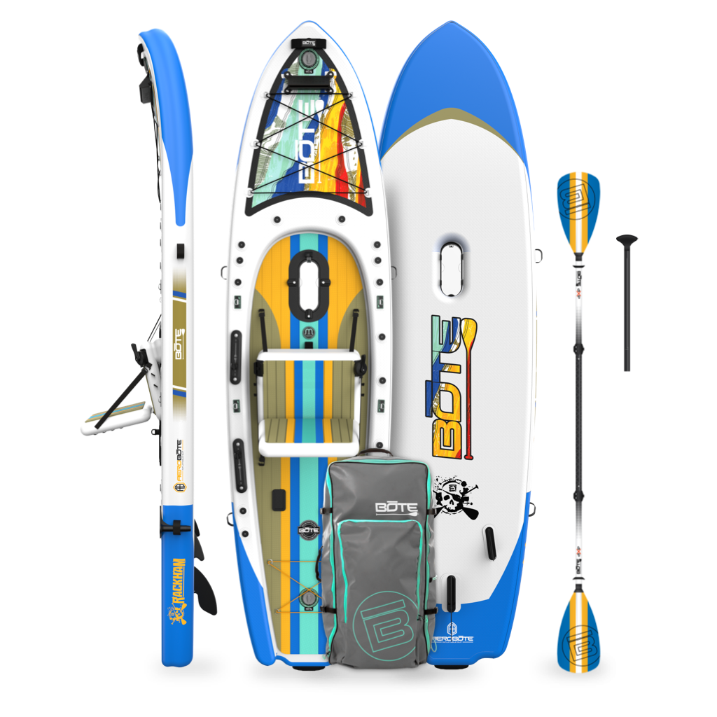 Top, side, and bottom view of the Rackham Aero 12′4″ Native Fusion Apex Inflatable Paddle Board with paddle and bag