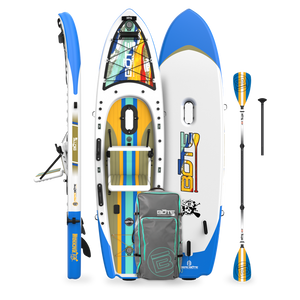 Top, side, and bottom view of the Rackham Aero 12′4″ Native Fusion Apex Inflatable Paddle Board with paddle and bag