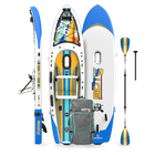 Top, side, and bottom view of the Rackham Aero 12′4″ Native Fusion Apex Inflatable Paddle Board with paddle and bag