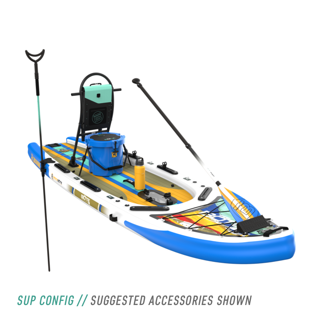 Front angled view of the Rackham Aero 12′4″ Native Fusion Apex Inflatable Paddle Board with suggested accessories in SUP configuration