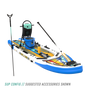 Front angled view of the Rackham Aero 12′4″ Native Fusion Apex Inflatable Paddle Board with suggested accessories in SUP configuration
