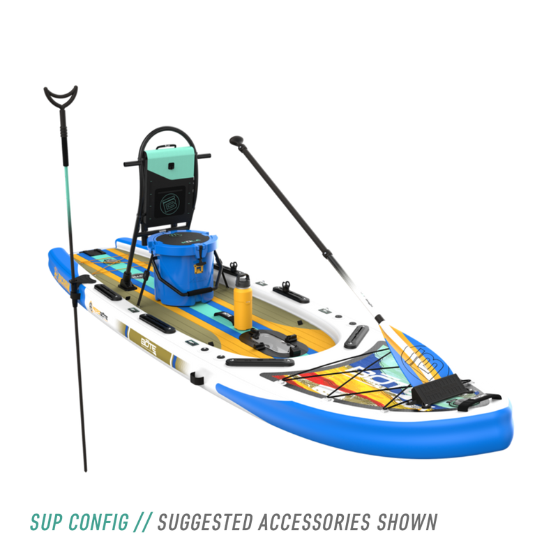 Front angled view of the Rackham Aero 12′4″ Native Fusion Apex Inflatable Paddle Board with suggested accessories in SUP configuration