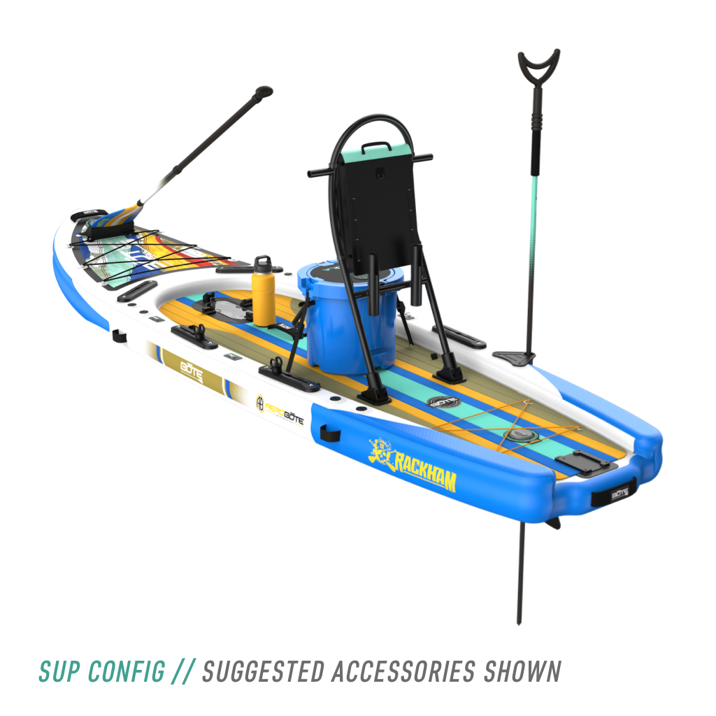 Rear angled view of the Rackham Aero 12′4″ Native Fusion Apex Inflatable Paddle Board with suggested accessories in SUP configuration